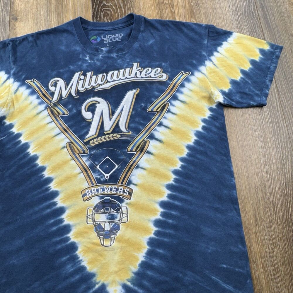 Milwaukee Brewers Shirt L Liquid Blue MLB Baseball Tie Dye All Over Print Tee